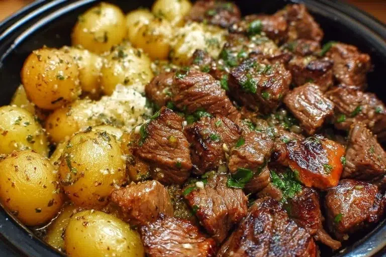Slow Cooker Garlic Butter Steak Bites served with potatoes in a bowl