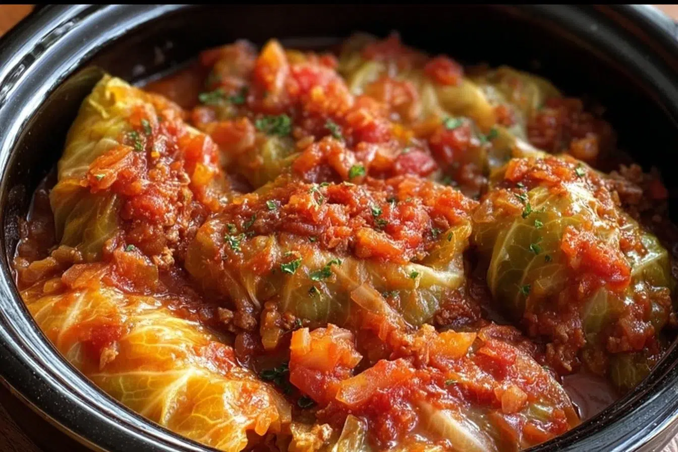 Delicious slow cooker unstuffed cabbage rolls served in a bowl.
