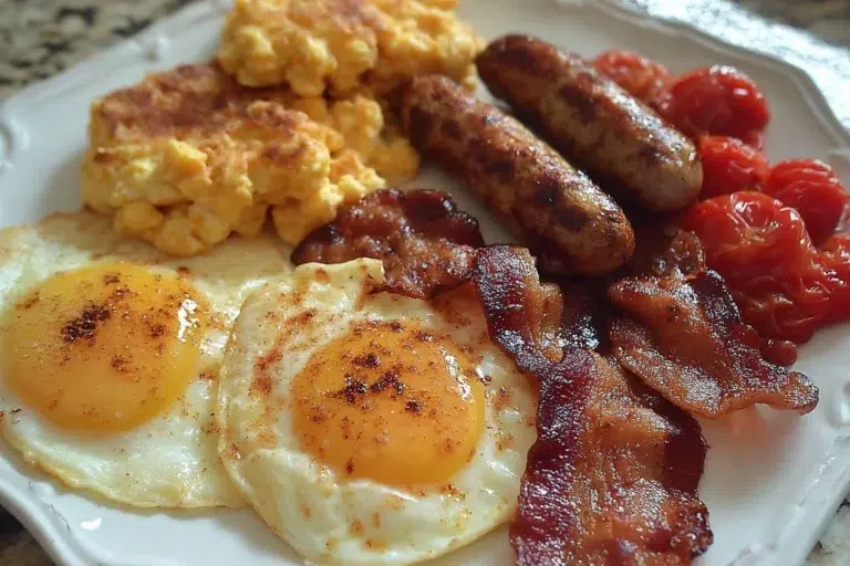 Delicious Southern Breakfast Plate with biscuits, gravy, eggs, and sausage.