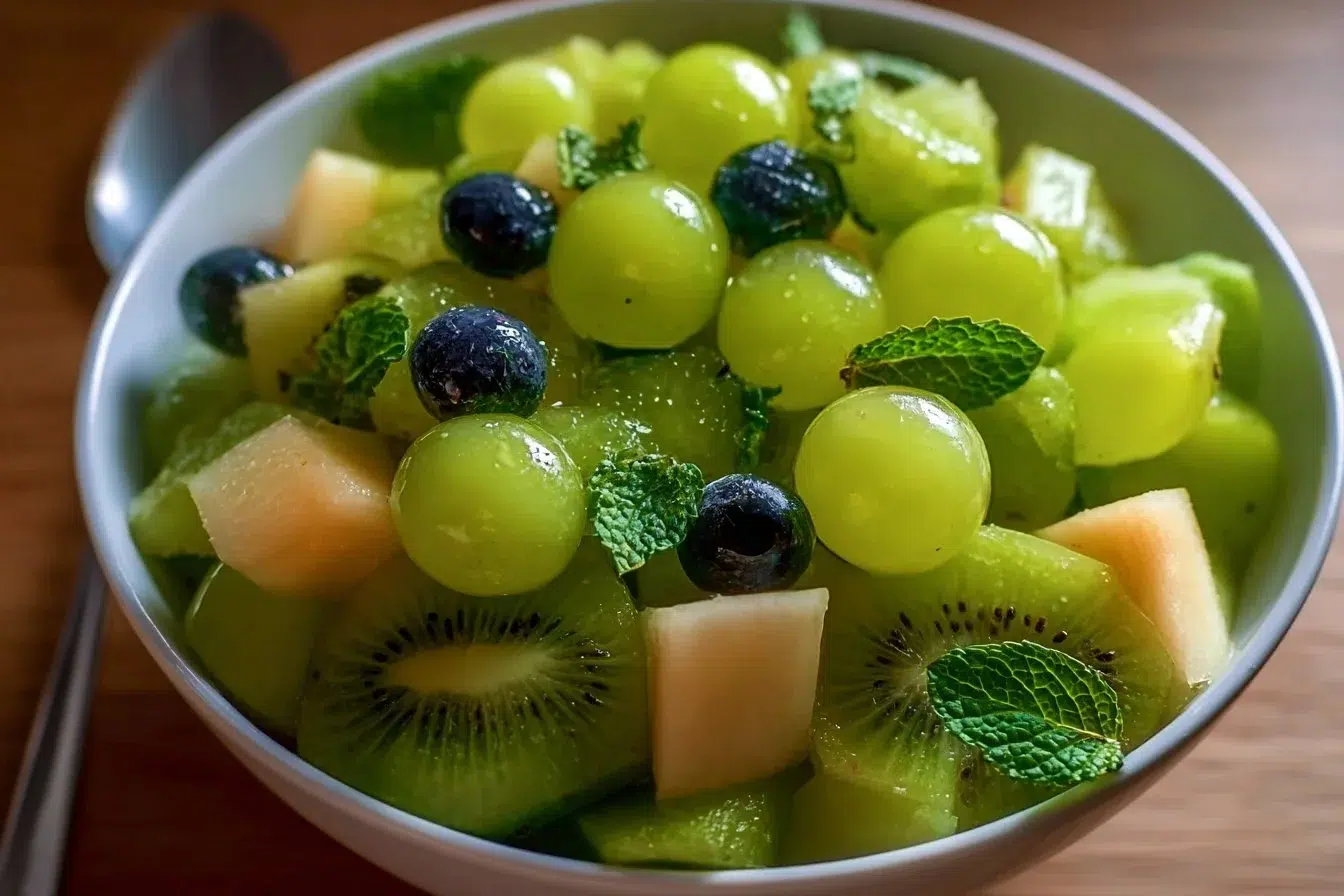 St. Patrick's Day green fruit salad featuring various green fruits in a bowl