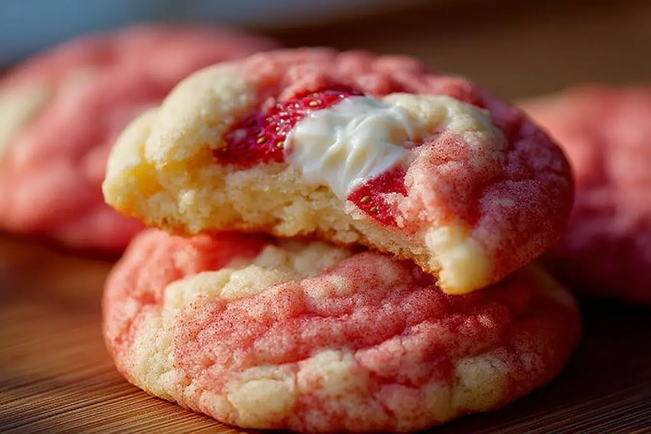 Delicious strawberry cheesecake cookies topped with fresh strawberries