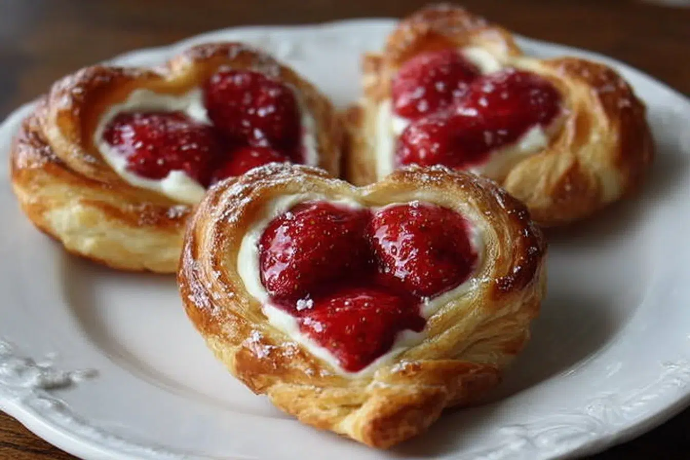 Delicious Strawberry Cream Cheese Heart Danishes fresh out of the oven