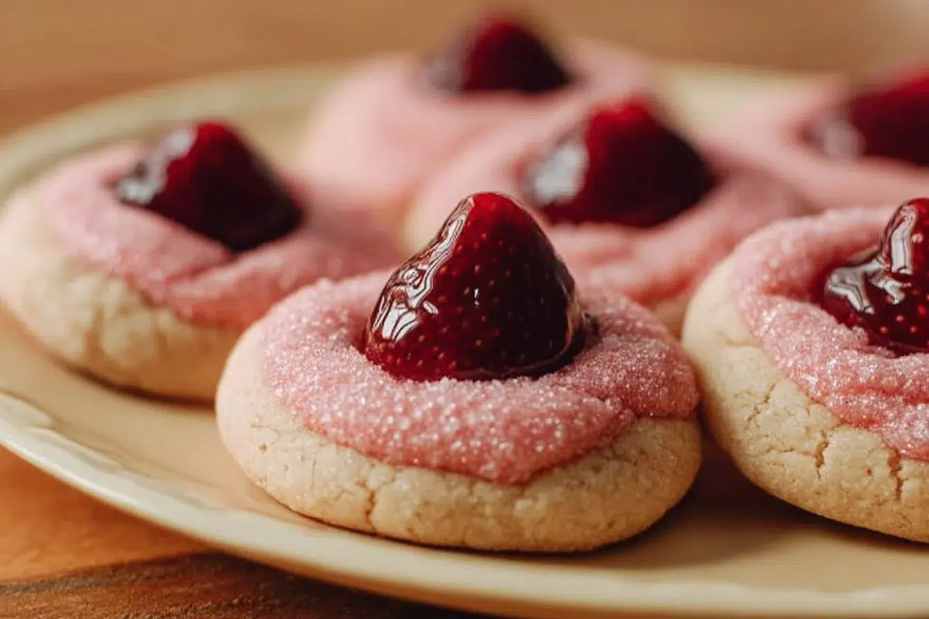 Freshly baked Strawberry Kiss Cookies topped with chocolate and strawberries