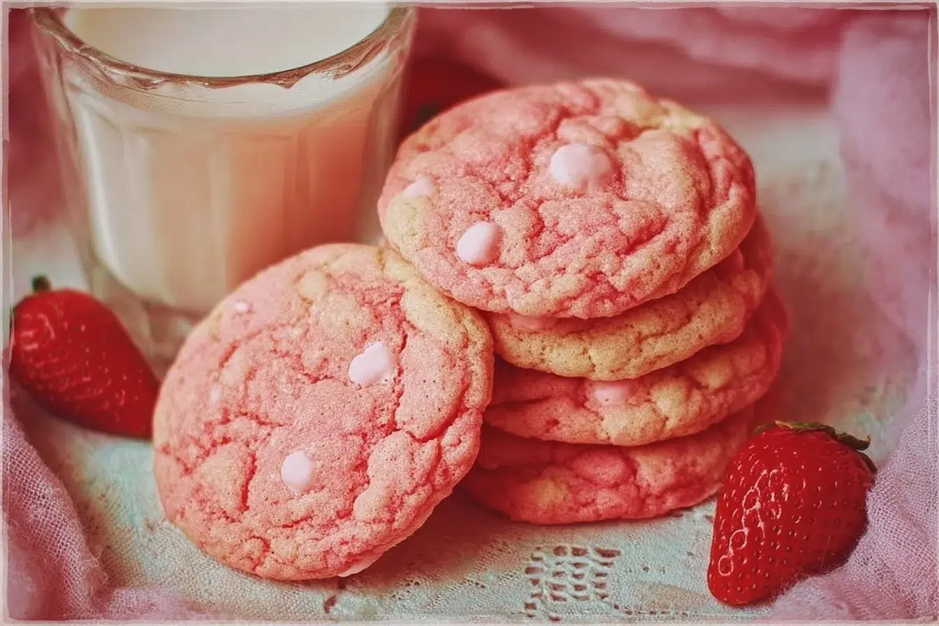 Delicious strawberry milkshake cookies garnished with fresh strawberries.