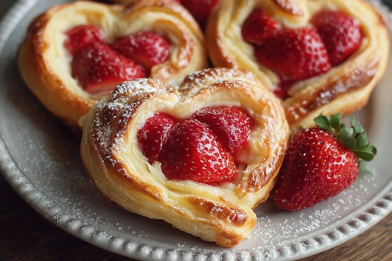 Freshly baked Strawberry Puff Pastry Danishes on a wooden table