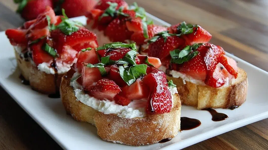 Delicious Strawberry Ricotta Bruschetta topped with fresh strawberries and mint.