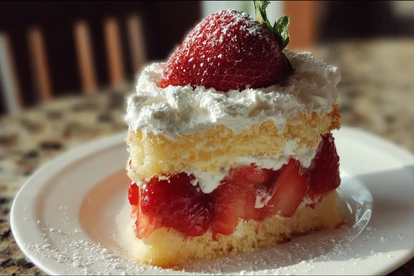 Delicious homemade Strawberry Shortcake topped with fresh strawberries and whipped cream.