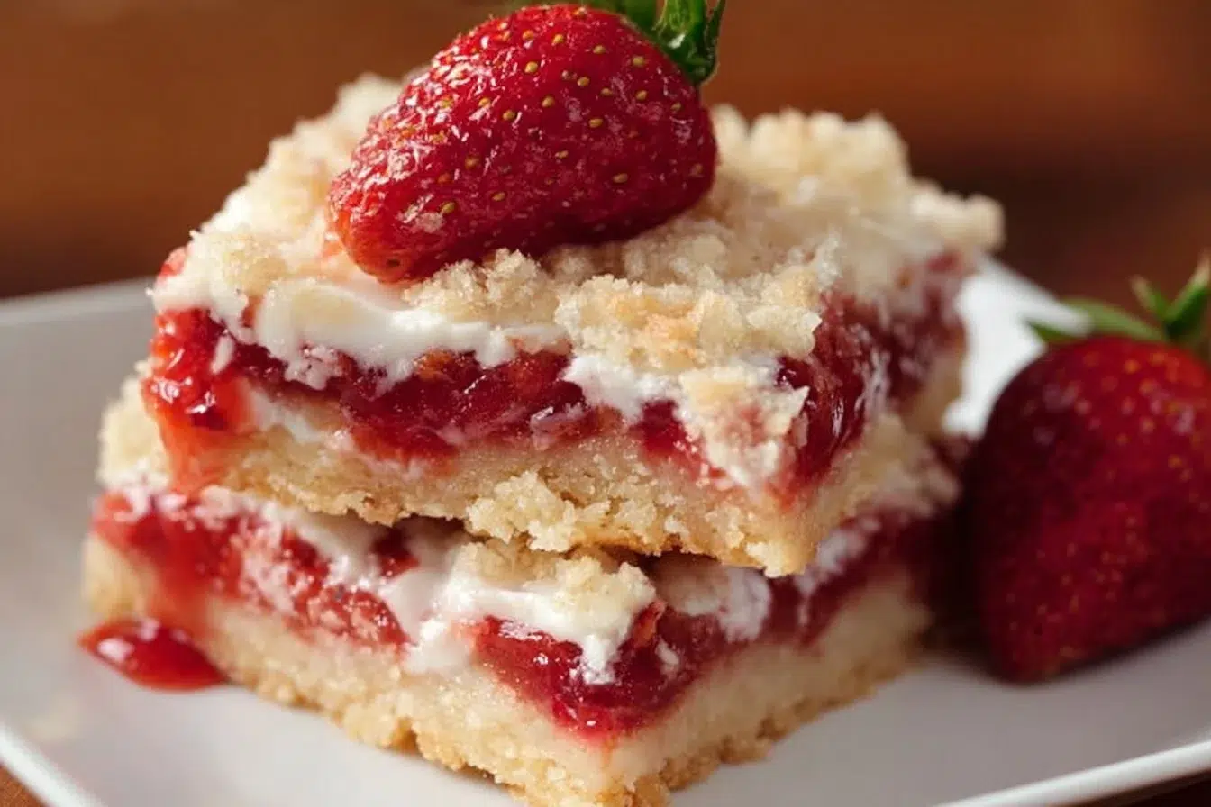 Strawberry shortcake bars topped with fresh strawberries and whipped cream