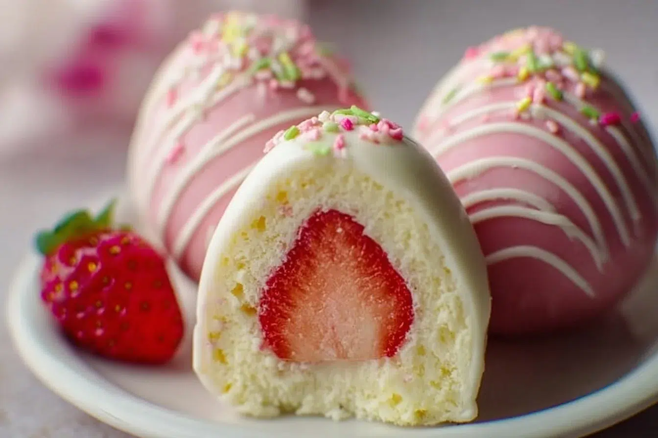 Colorful Strawberry Shortcake Easter Egg Bombs ready for dessert table decoration.