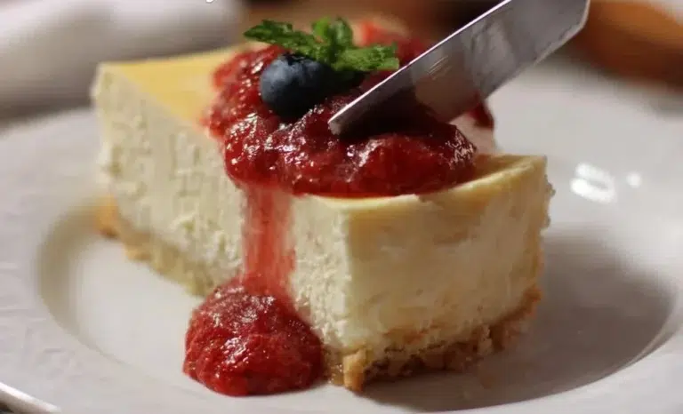 Delicious sugar free cheesecake slice on a white plate with fresh berries.