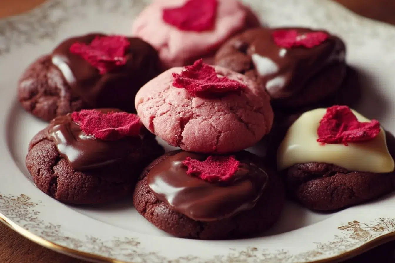 Delicious Valentine Ganache Cookies with chocolate filling and heart decorations