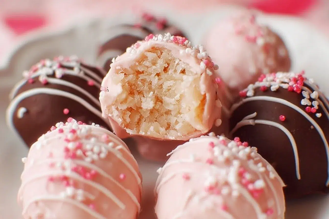 Valentine's Day dessert truffles decorated with heart shapes and sprinkles