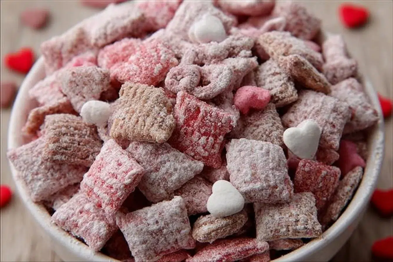 Valentine's Day themed Muddy Buddies sweet snack mix