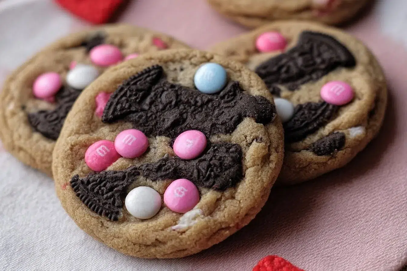 Valentine's Day Oreo M&M's Cookies with colorful toppings and heart decorations.