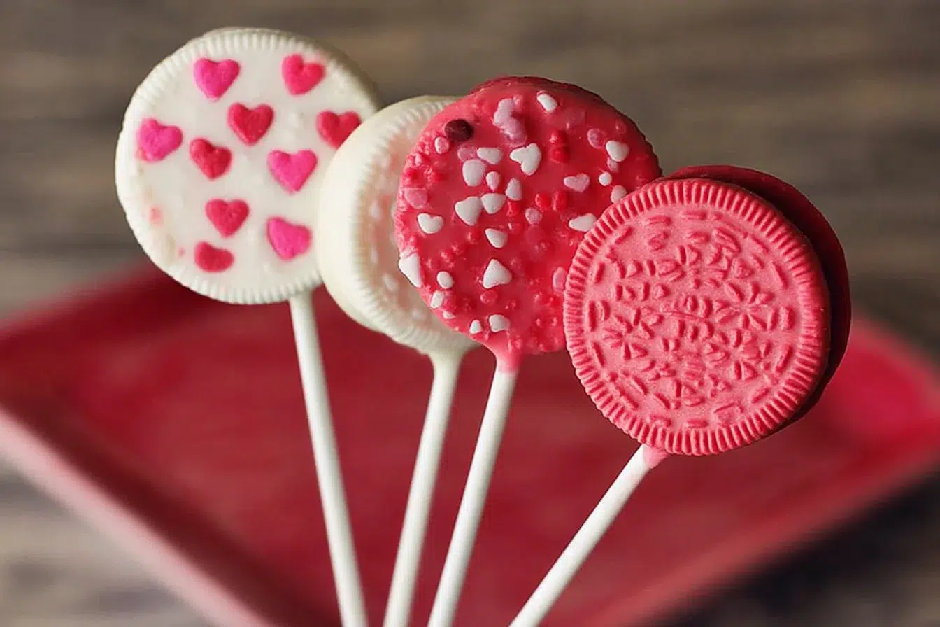 Valentine's Day Oreo Pops decorated with pink and red sprinkles