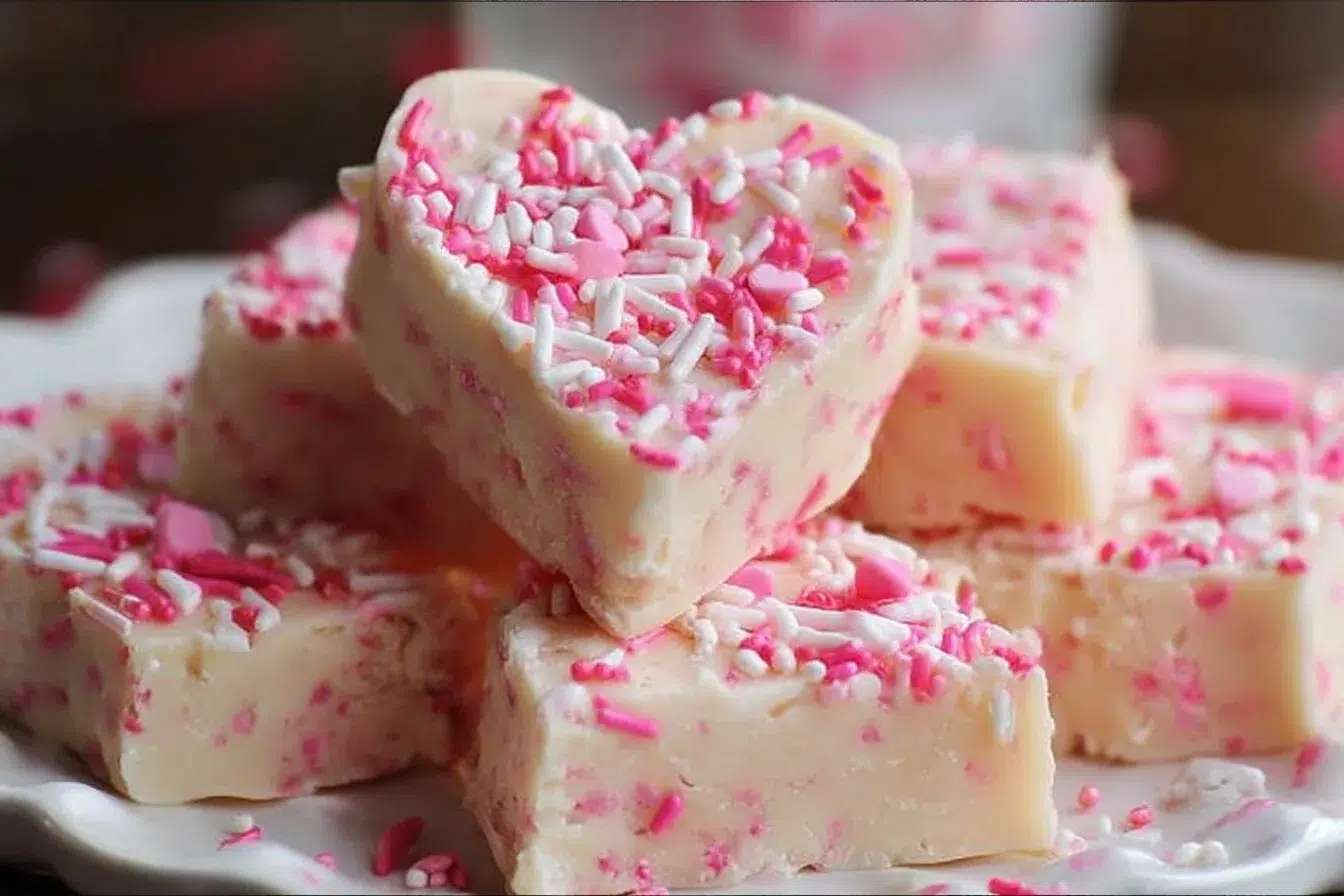 Delicious Valentine's Day sugar cookie fudge on a festive plate.