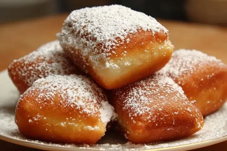 Delicious Vanilla French Beignets dusted with powdered sugar on a plate