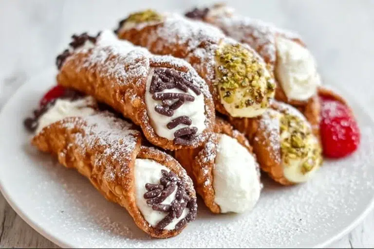 Plate of authentic Italian cannoli filled with ricotta and dusted with powdered sugar.