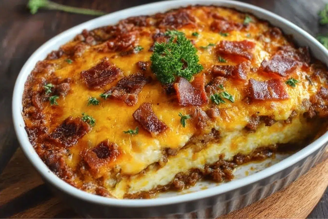 Delicious Bacon Cheeseburger Casserole topped with crispy bacon and melted cheese.