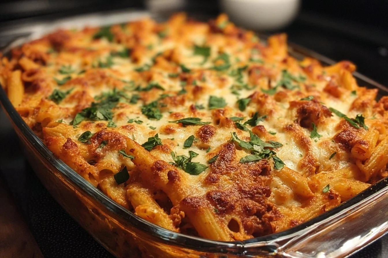 Delicious baked ziti without ricotta served in a casserole dish