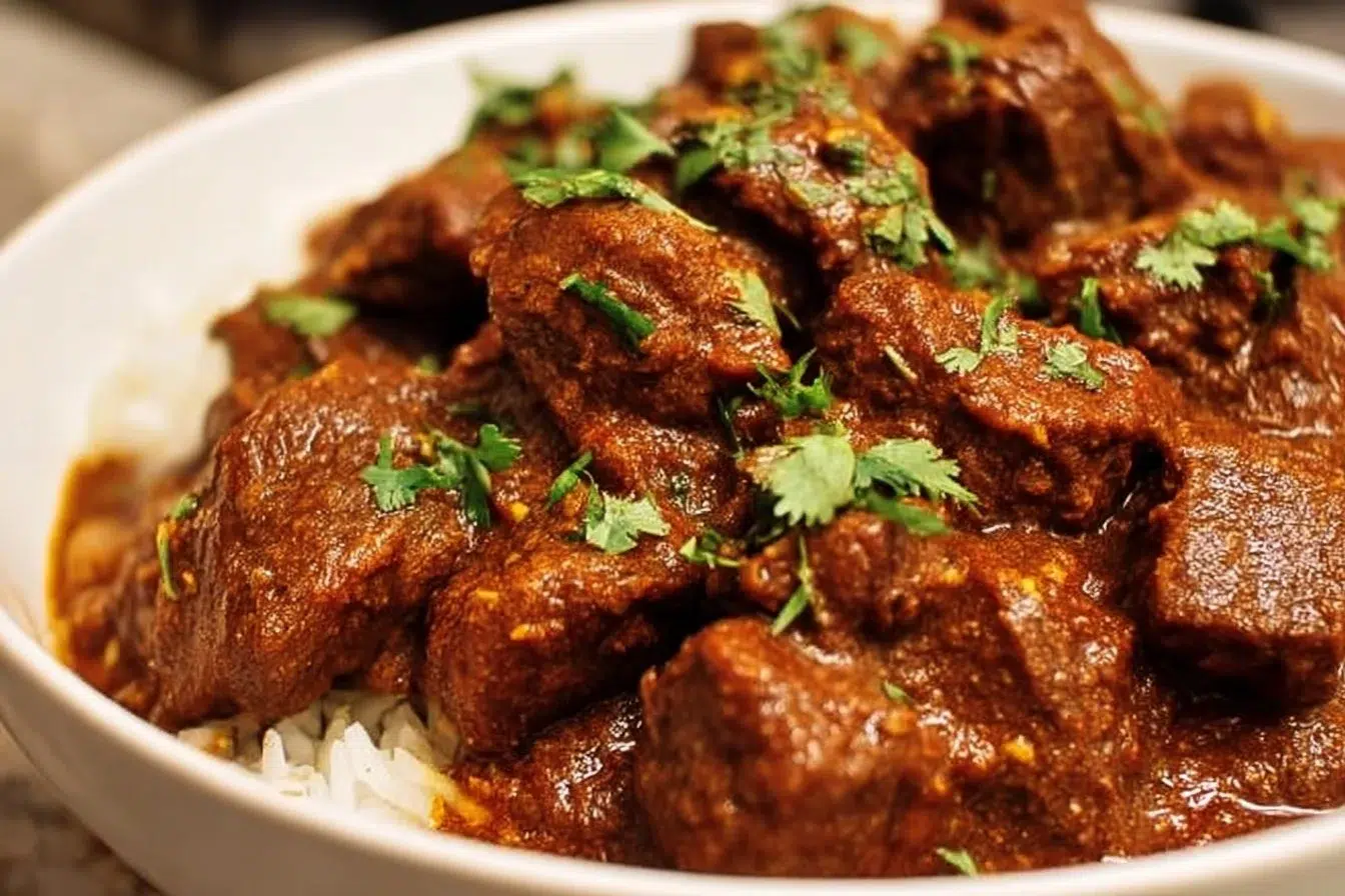 Delicious plate of spicy Beef Vindaloo with fragrant spices and herbs.