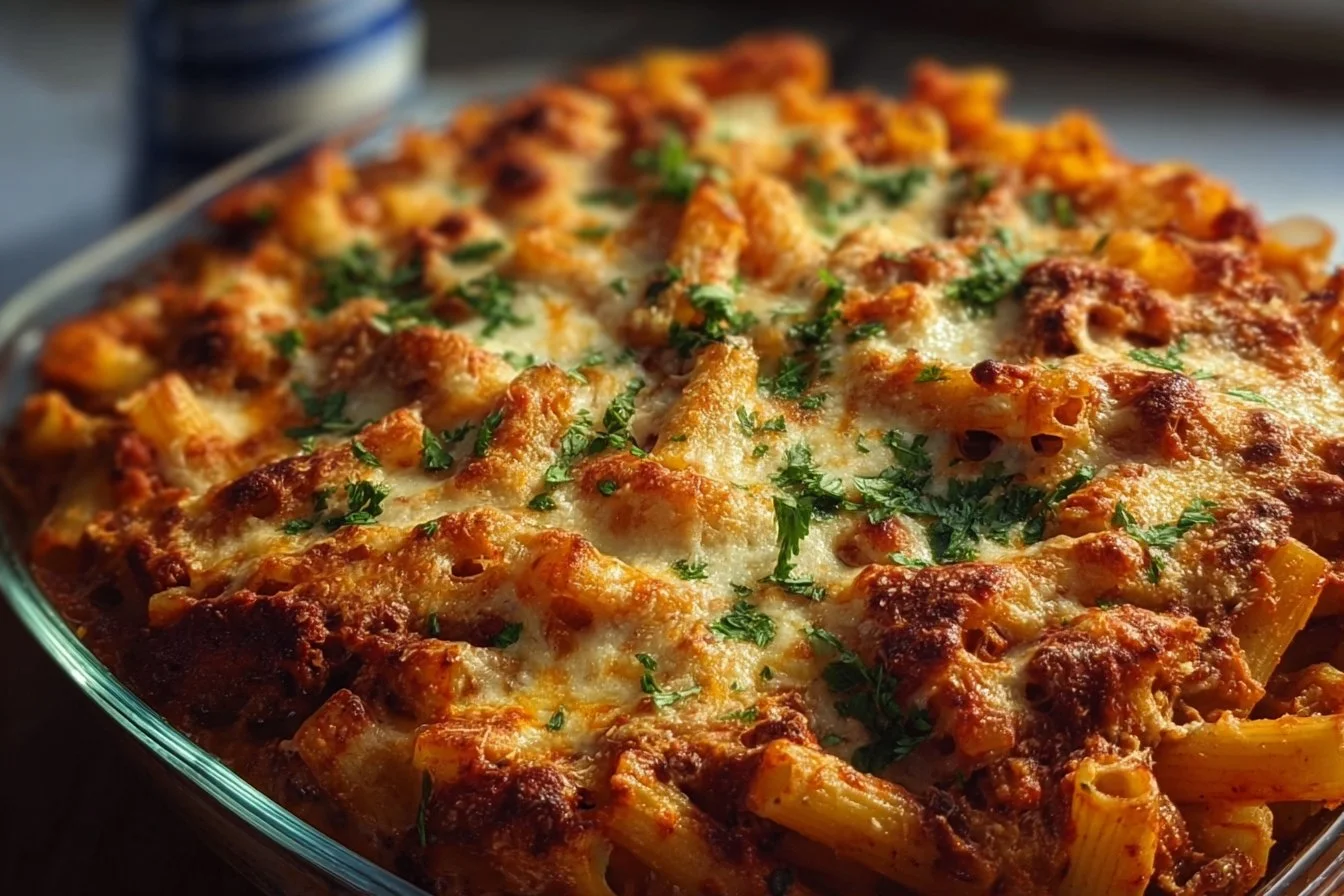 Delicious baked ziti topped with melted cheese and herbs, ideal for a family meal.