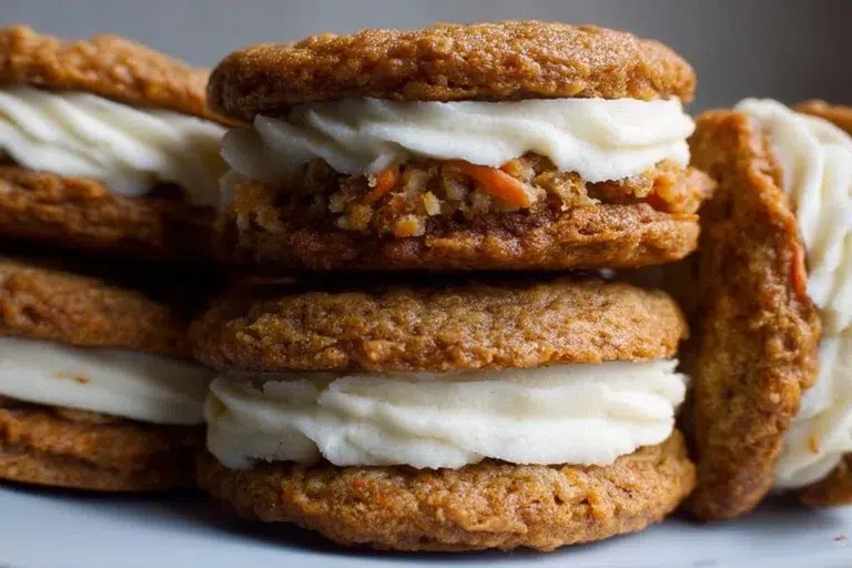 Carrot cake cookie sandwiches with cream cheese filling stacked on a plate.