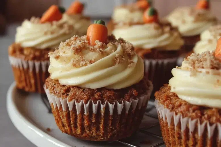 Delicious carrot cake cupcakes with cream cheese frosting on a rustic table