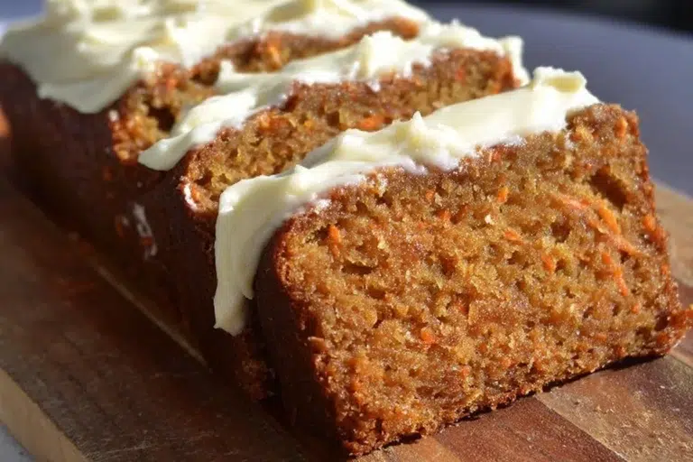 Moist carrot cake loaf with rich cream cheese frosting on top