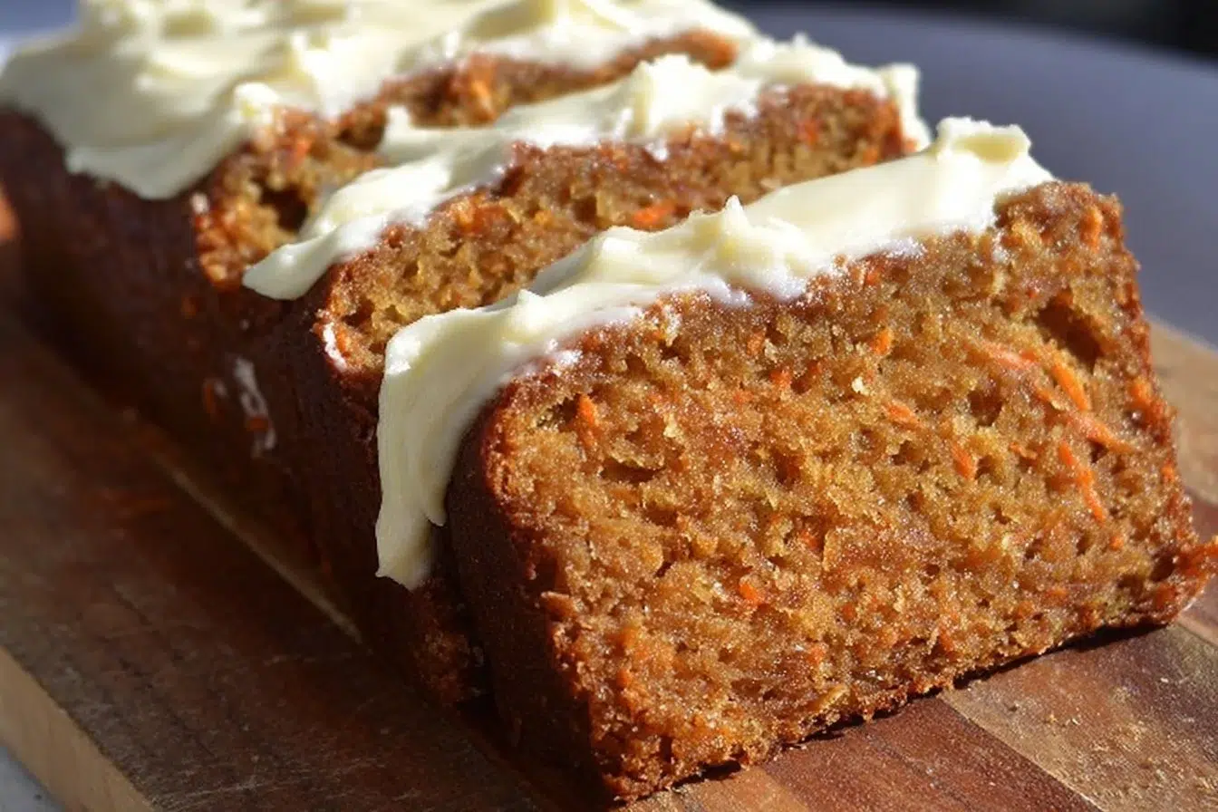 Moist carrot cake loaf with rich cream cheese frosting on top