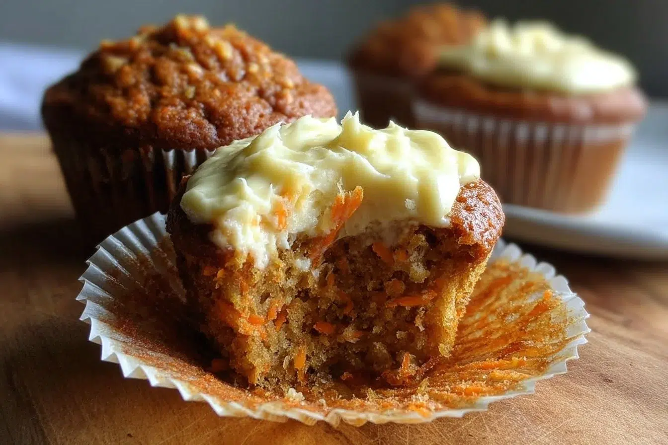 Delicious carrot cake muffins with a creamy cheesecake filling ready to enjoy.