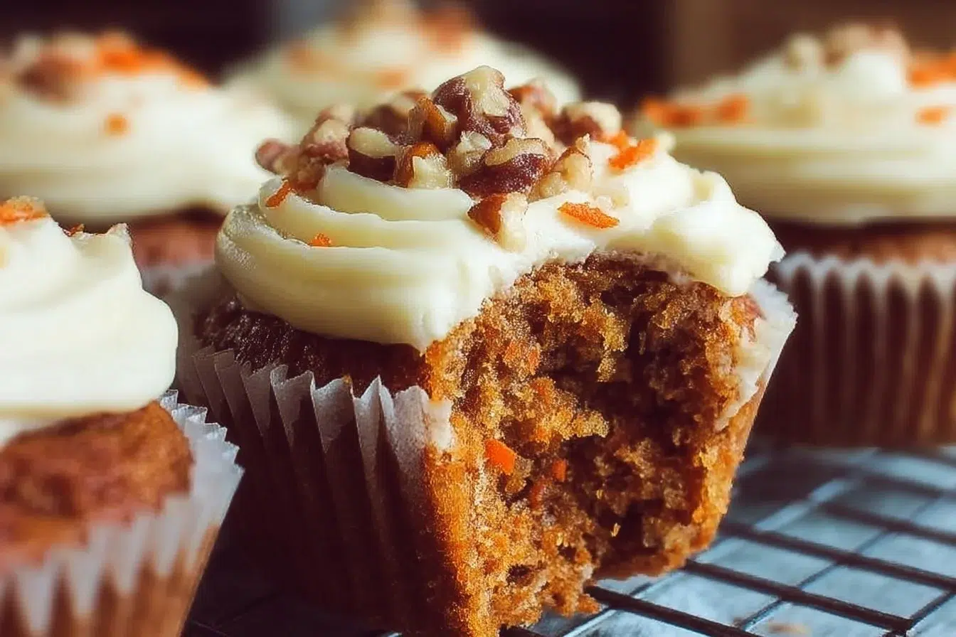Carrot cake muffins with cream cheese frosting on a plate