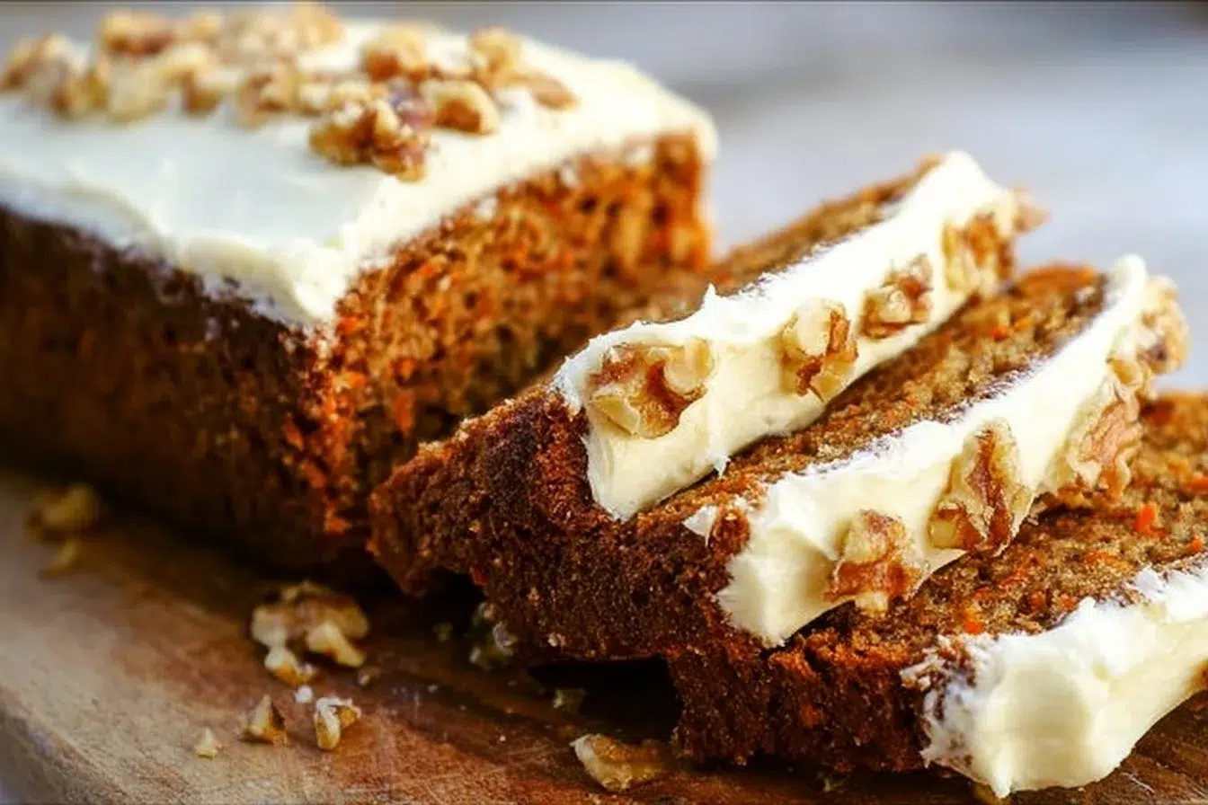 Sliced Carrot Walnut Bread with Cream Cheese Frosting on a rustic table
