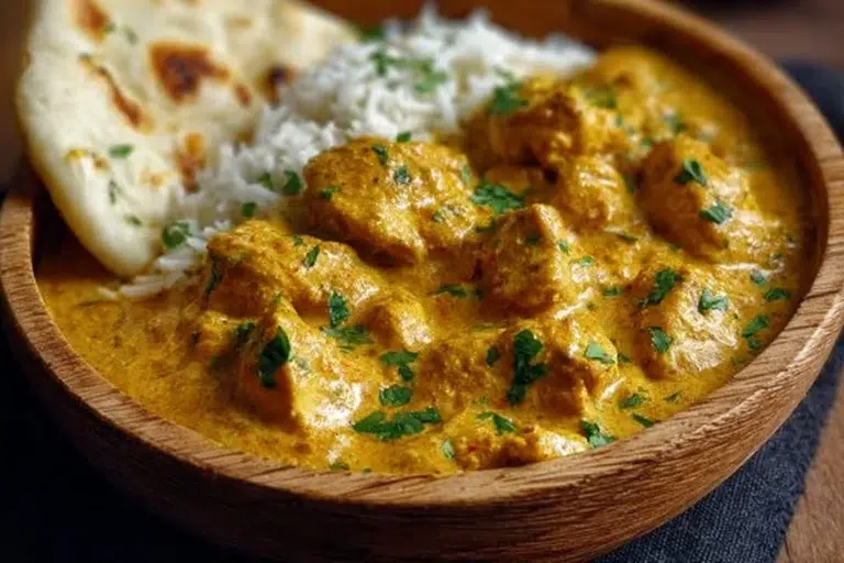 Delicious Chicken Korma in a creamy sauce with spices and tender chicken.