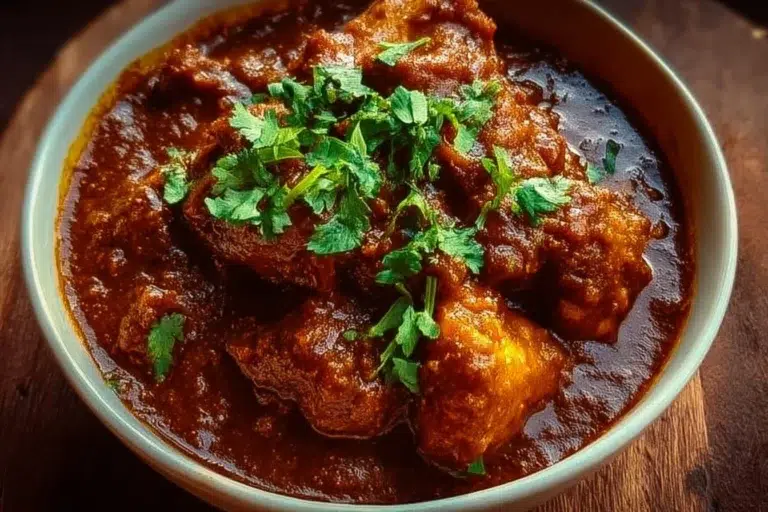 Bowl of Chicken Rogan Josh with spices and herbs, representing delicious Indian cuisine.