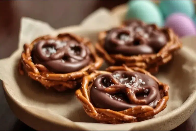 Chocolate-covered pretzel nests with colorful toppings for a festive treat