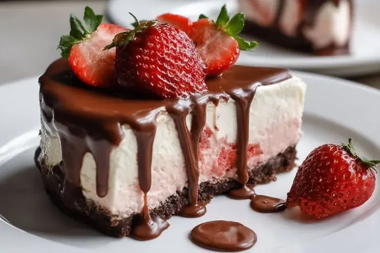 Decadent chocolate covered strawberry cheesecake with fresh strawberries on top
