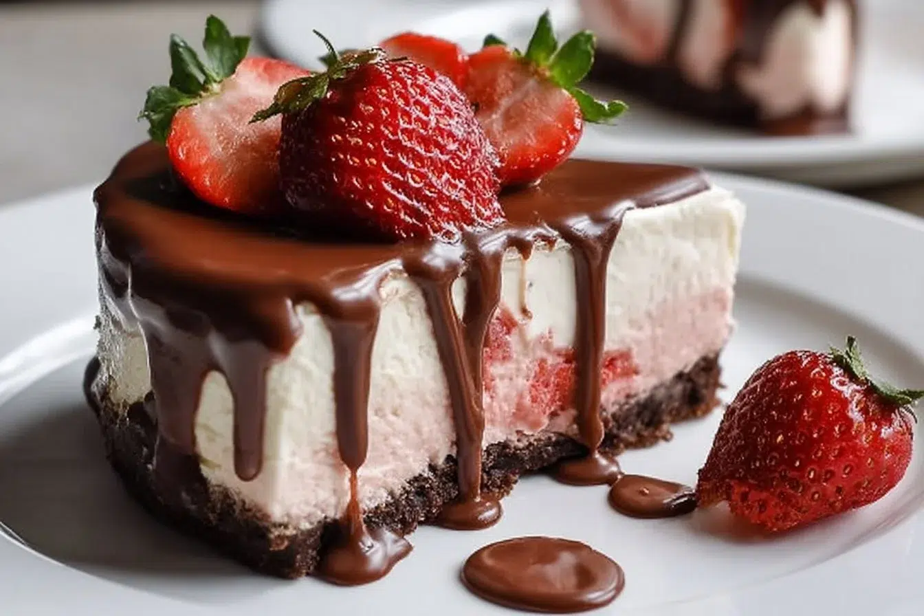 Decadent chocolate covered strawberry cheesecake with fresh strawberries on top
