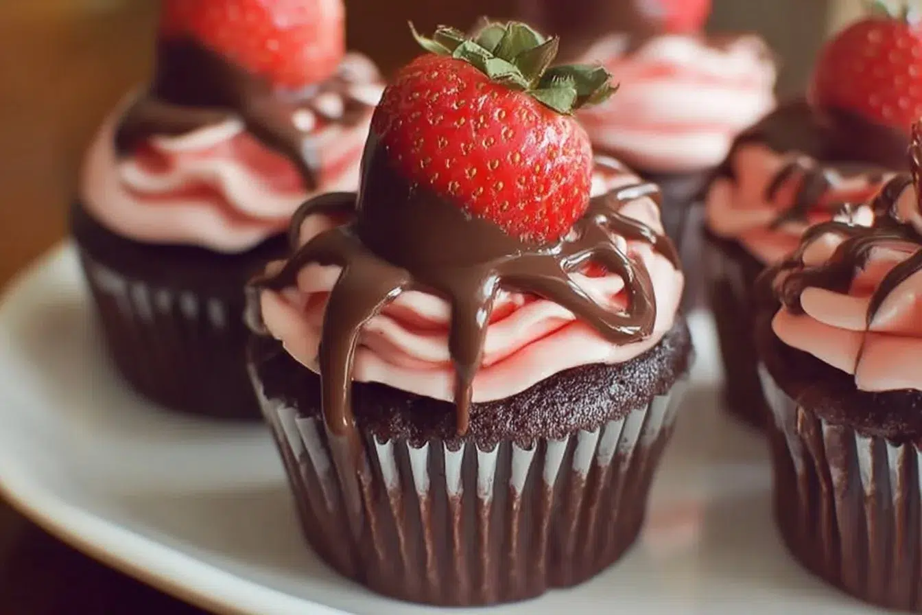 Chocolate dipped strawberry cupcakes topped with strawberries and chocolate drizzle