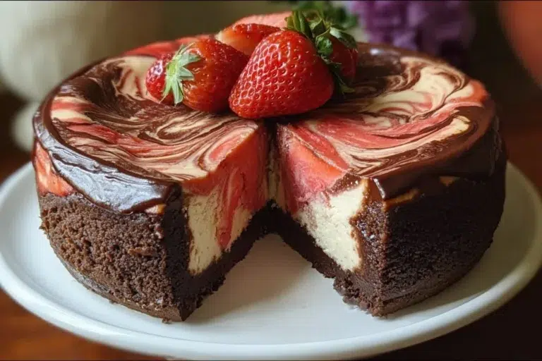 Delicious Chocolate Strawberry Cheesecake with a creamy chocolate and strawberry swirl