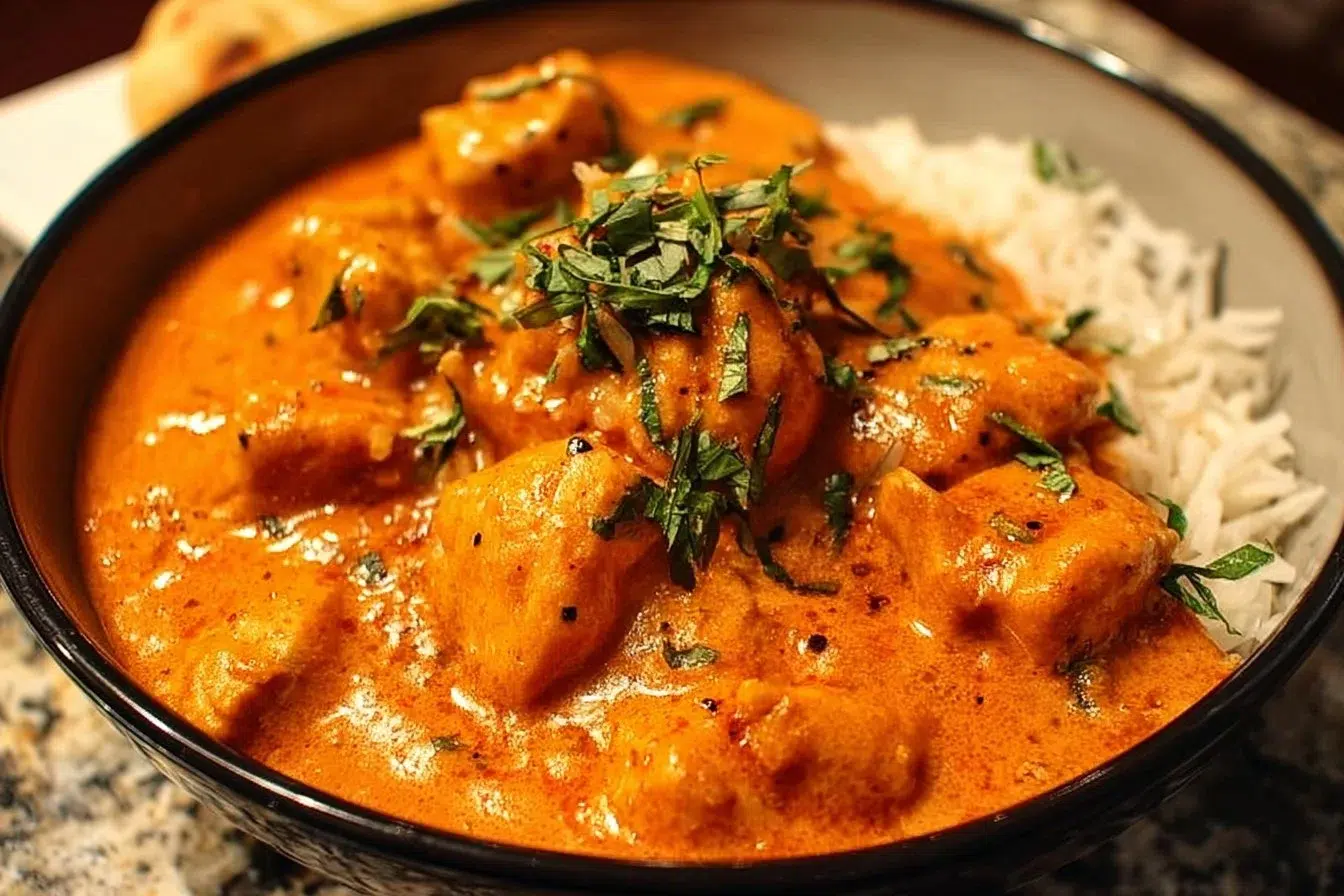 Delicious classic butter chicken served with rice and naan bread