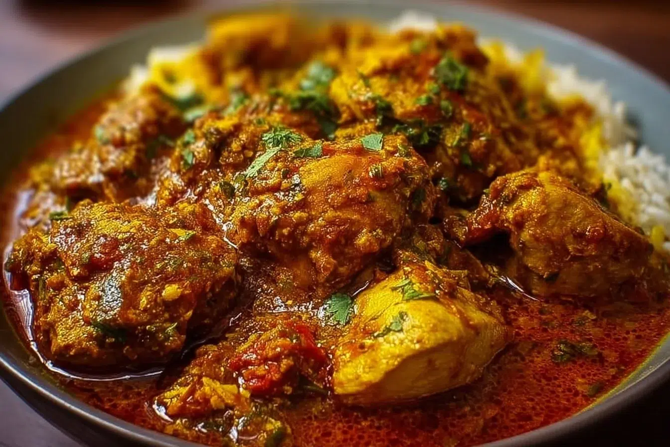 Delicious classic Indian chicken curry served with rice and naan bread.