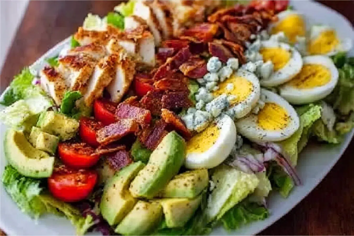 Delicious Cobb Salad with chicken, bacon, avocado, and fresh vegetables