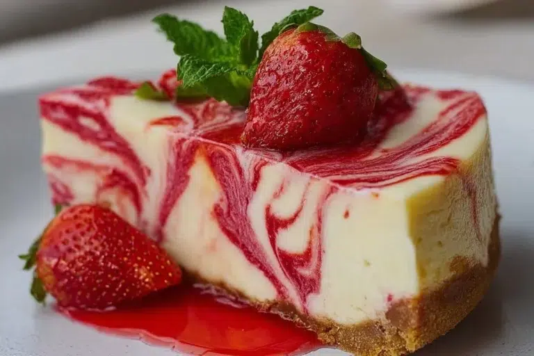 Creamy strawberry swirl cheesecake topped with fresh strawberries and a graham cracker crust