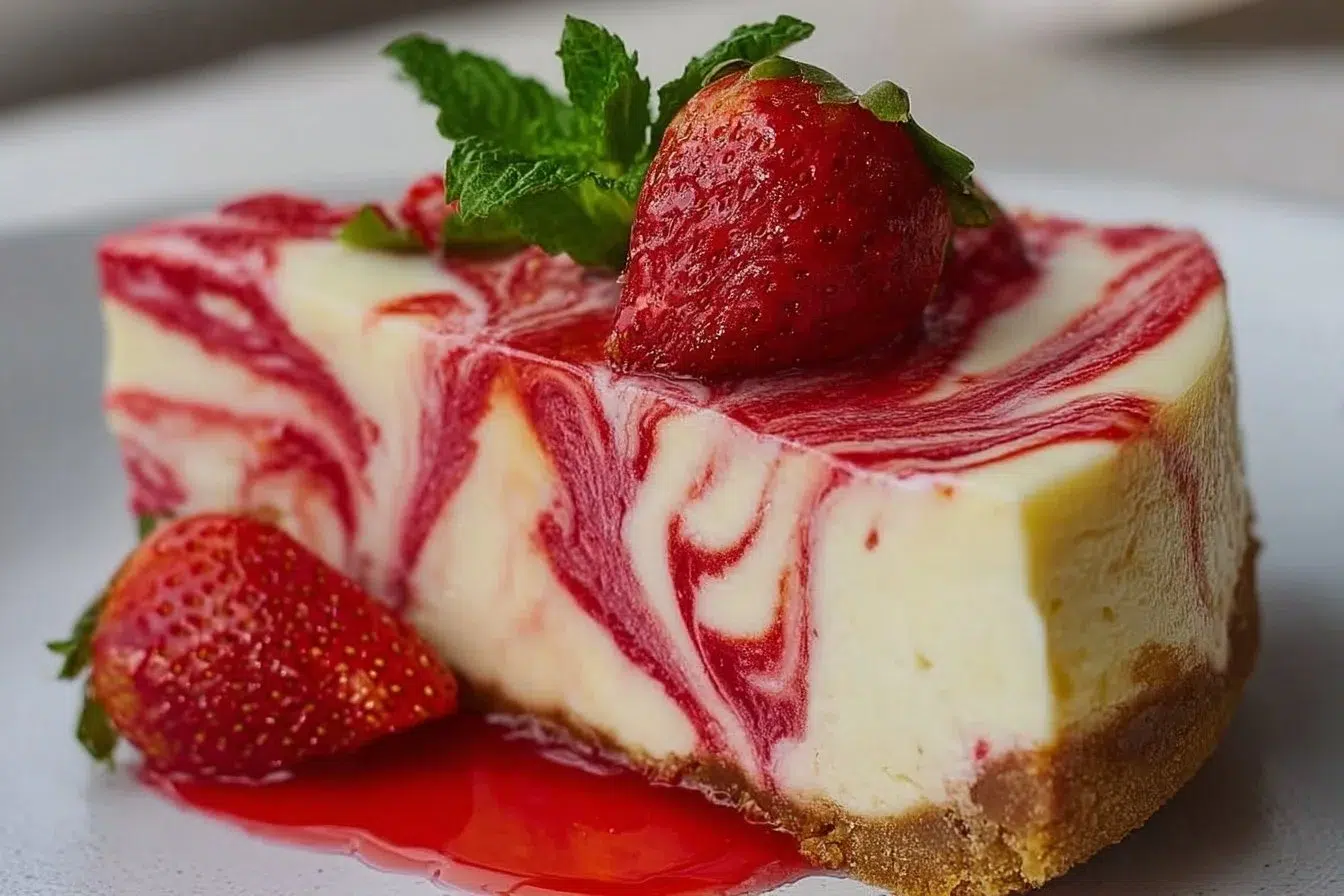 Creamy strawberry swirl cheesecake topped with fresh strawberries and a graham cracker crust
