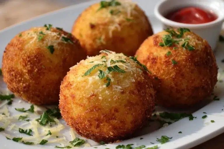 Crispy Baked Arancini ready to serve with a side of marinara sauce