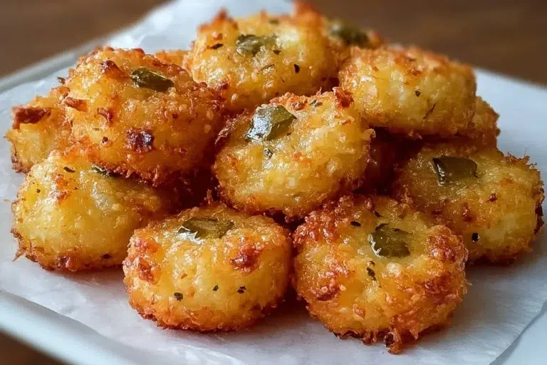 Crispy pickle cheese bites served with dipping sauce on a plate.
