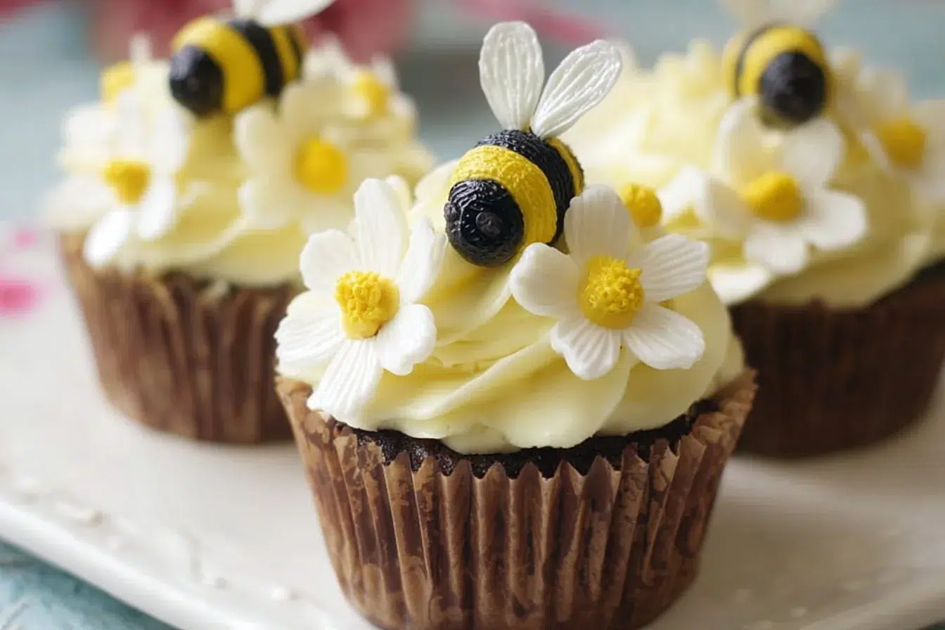 DIY Bumblebee Cupcakes decorated with vibrant flowers and bumblebee designs