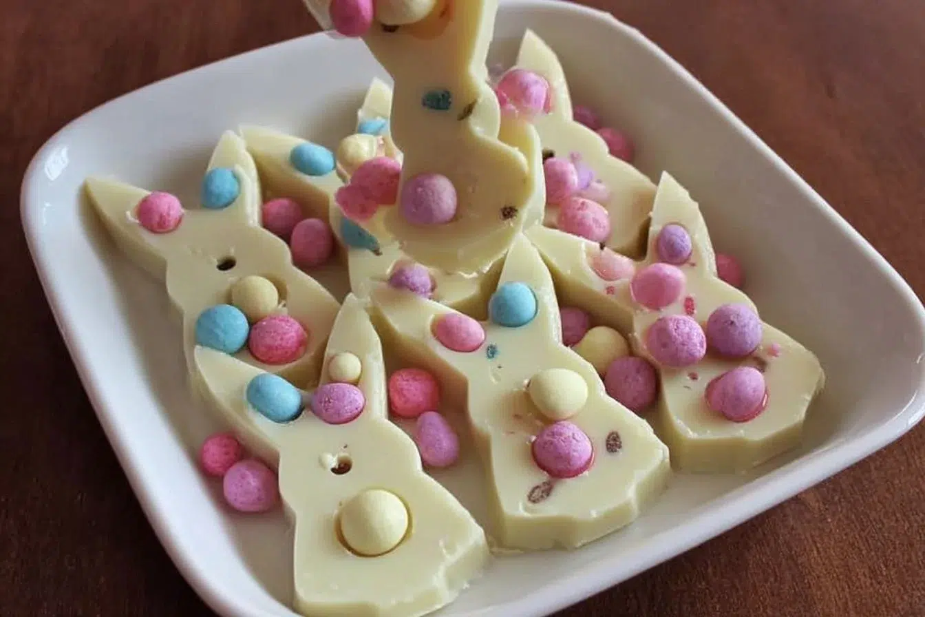 Easter Bunny Bark decorated with colorful candies and chocolate drizzle.