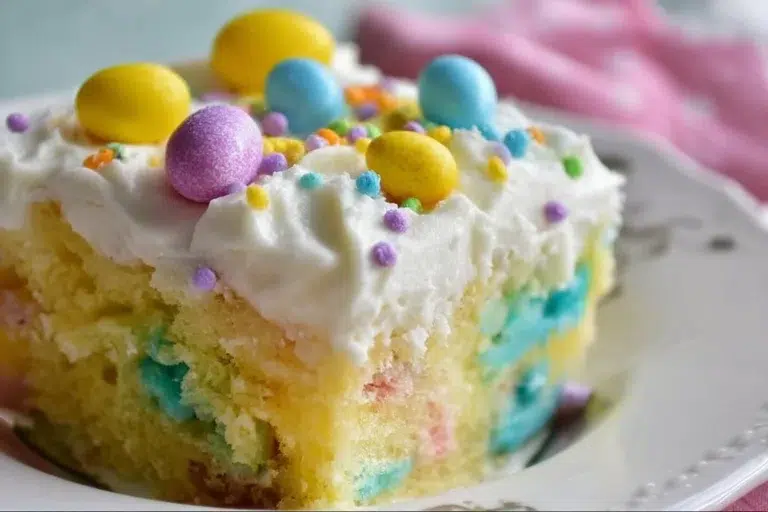 Colorful Easter Poke Cake with layers of flavor and festive decoration